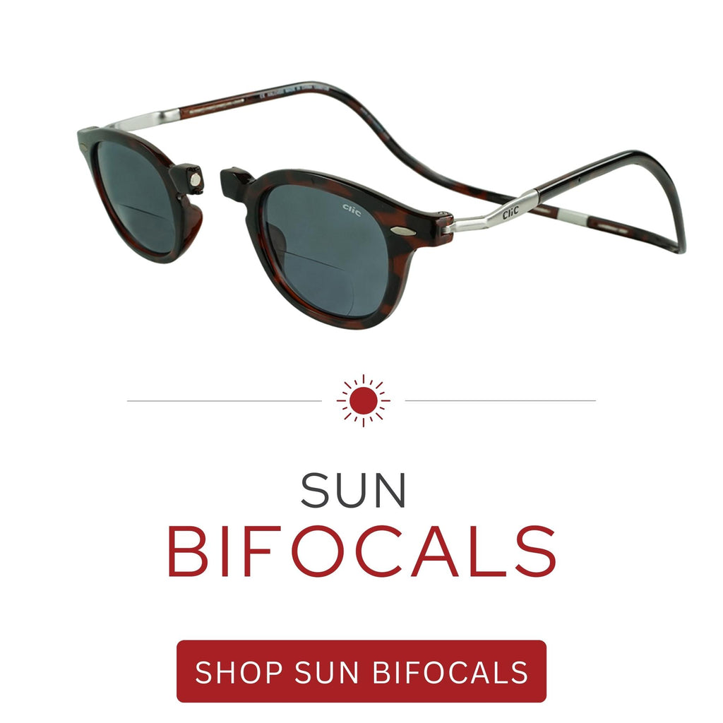 CliC sunglasses with bifocals and a rigid headband.